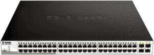 D-Link 52-Port Gigabit Smart Managed PoE Switch, 740 W PoE Budget, 4 x Gigabit SFP Ports, 48 x 10/100/1000BASE-T PoE Ports, L2+ Static Routing, IPv6, IEEE 802.3x Flow Control, Black DGS-1210-52MPP